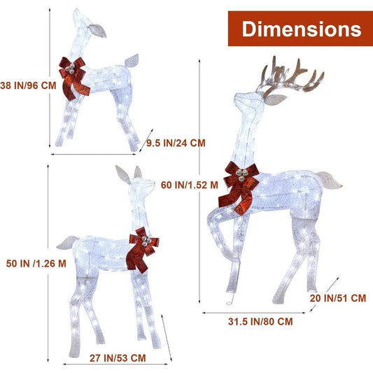 Christmas Yard Decoration, Set of 3 Pre-lit White Reindeer with 265 LEDs White Lights, 3D Light Up Glittered Standing Reindeer