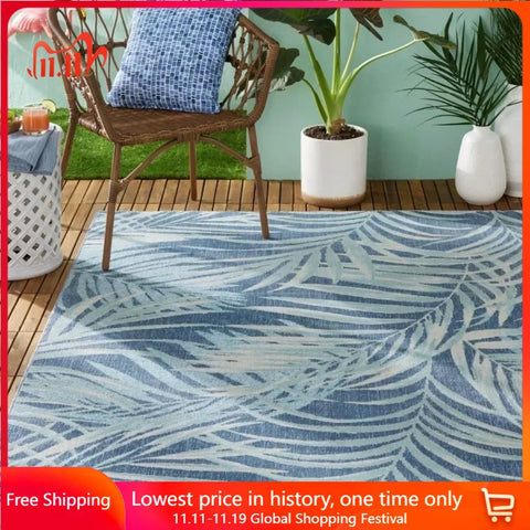 Palm Springs Coastal Indoor/Outdoor Area Rug, Navy Blue/Aqua Blue, 7'10"x10'2", Indoor/Outdoor Carpet