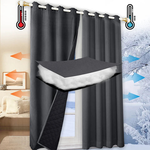 Warm Folder Cotton Curtains for Winter Thermal Insulated 100% Blackout Sound Proof Drapes with Black Backing Cold Windproof