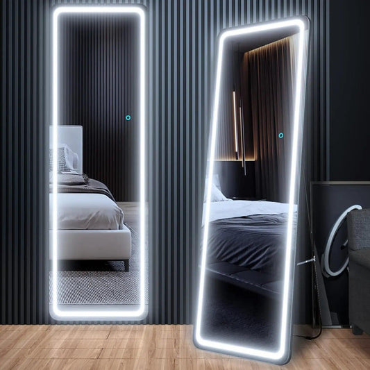 63"x20" Full Length Floor Mirror Dimming Lights Full-Size Body Mirror Lighted Mirror, Free Standing Mirror Wall Mounted Hanging