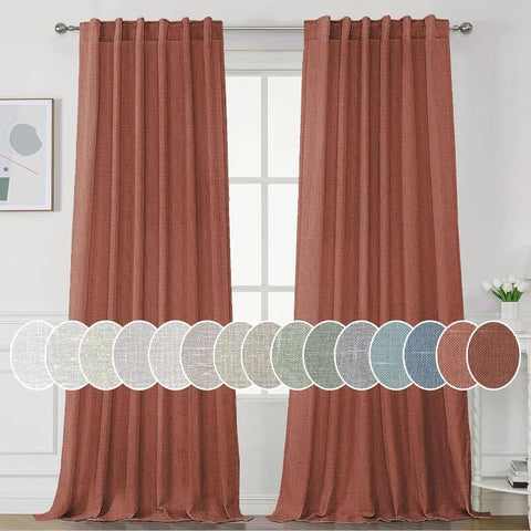 Natural Linen Curtains 108 inches Long for Living Room 2 Panels Back Tab Loop Pocket Linen Textured Light Filtering