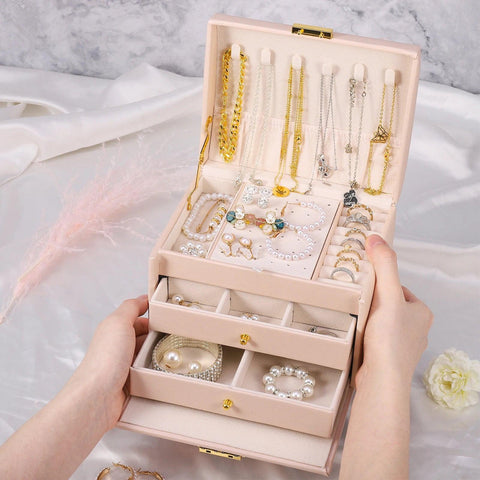 Jewelry Box 3 Layers, Jewelry Organizer with 2 Drawers, Portable Jewelry Case with Handle, Lockable Jewelry Storage