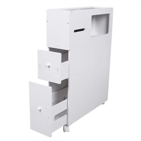 Slim Bathroom Cabinet Storage Organizer with Shelves Slide Out Drawer Free Standing Floor Side Toilet Cabinet White