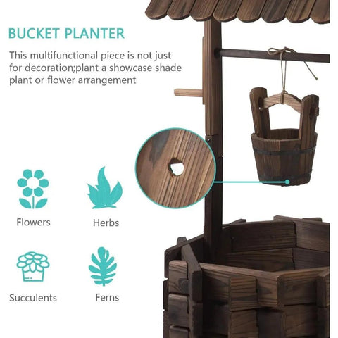 Wooden Wishing Well Planter with Hanging Bucket for Flower and Plants Indoor and Outdoor, Rustic Flower Planter Patio Garden