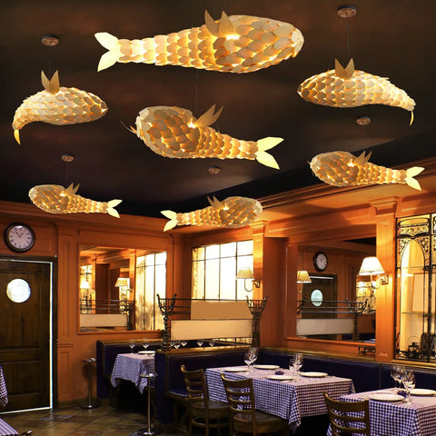 LUVODI 2PCS Artificial Large Fish-shaped Chandelier Wood Weaving Ceiling Lights Lantern for Home,Hotel,Restaurant