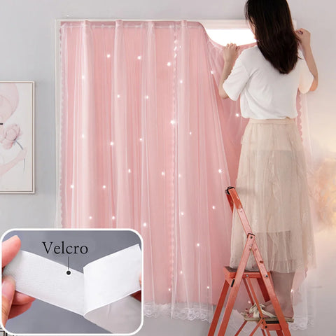 YanYangTian Star Curtain Blackout Partition Window Hanging ring for Bedroom Living room With gauze pink Simple Decor curtain