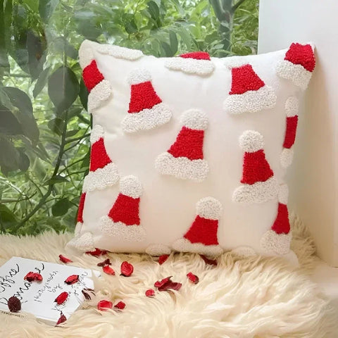 Christmas Pillowcase Christmas Hat Cane Pattern Hidden Zipper 3D Plush Pillowcase New Year's and Christmas Decoration