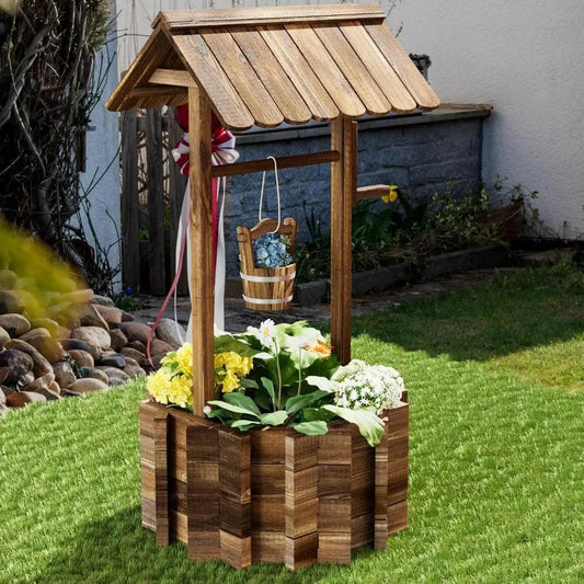 Wooden Wishing Well Planter with Hanging Bucket for Flower and Plants Indoor and Outdoor, Rustic Flower Planter Patio Garden