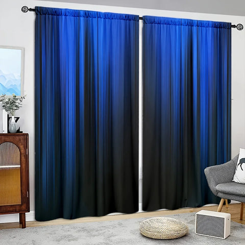 2pcs Blue/black Gradient Stripe Design Printed Curtain for Home Decor - Rod Pocket Window Treatment for Bedroom, Office, Kitchen