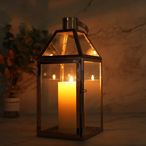 Rose Gold Stainless Steel Candle Holder Decorative Lanterns  with Tempered Glass Table Candle Stick Wedding Party Home Decor