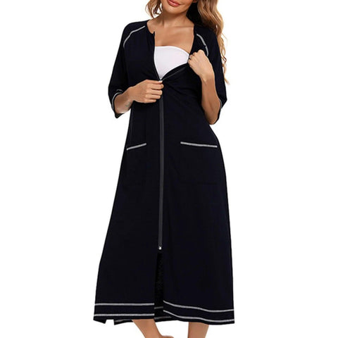 Newce Womens Zipper Robe with 3/4 Sleeves, Full Length Loungewear Dress with Pockets - Comfortable Nightgown and Long Bathrobe