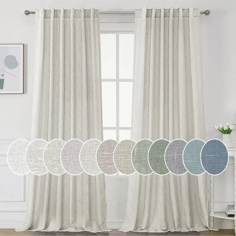 Natural Linen Curtains 108 inches Long for Living Room 2 Panels Back Tab Loop Pocket Linen Textured Light Filtering