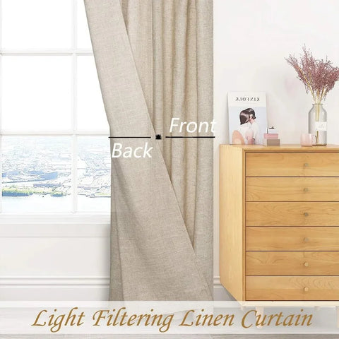 White Tie Top Curtain Semi Sheer Window Treatment Linen Cotton Blend Decorative for Living Room Drape 108 Inch Length