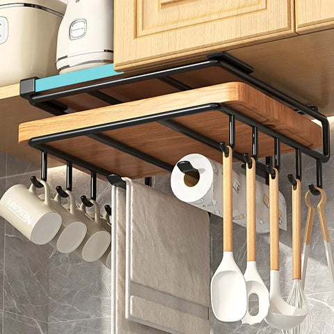 Kitchen Hanging Organizer Rack with Hooks Under Cupboard Paper Towel Rags Hanger Cutting Board Pot Cover Holder Storage Shelf