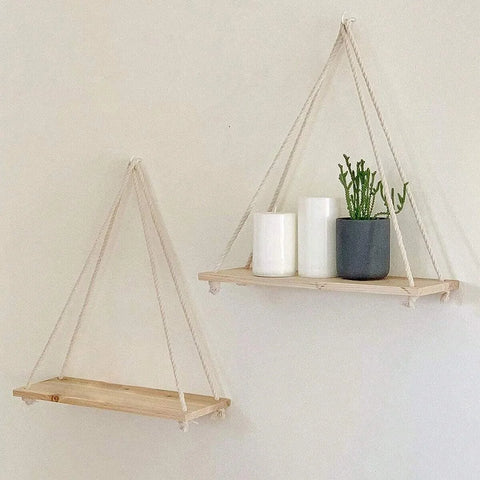 1PC Wooden Swing Hanging Hemp Rope Wall Shelve Mounted Floating Home Living Room Plant Flower Pot Tray Storage Garden Decoration