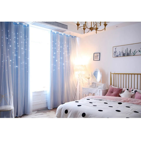 Bright Double Layer Blackout Star Hollow Curtains with Lace Tulle Fabric for Home Living Room Bedroom Window Decor