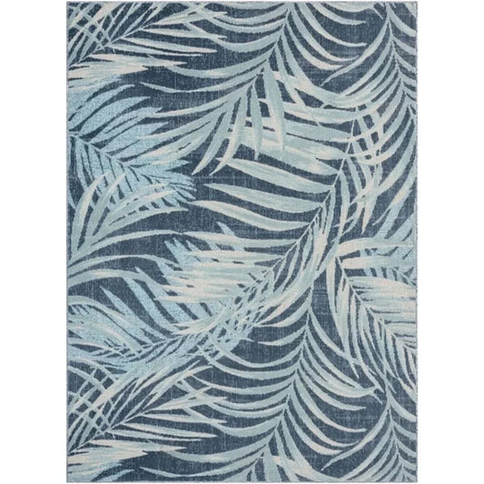 Palm Springs Coastal Indoor/Outdoor Area Rug, Navy Blue/Aqua Blue, 7'10"x10'2", Indoor/Outdoor Carpet