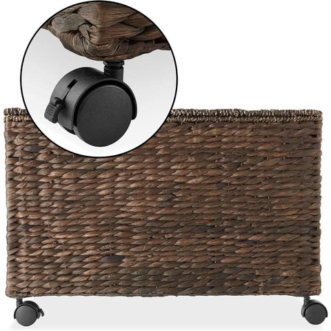 Rolling Storage Basket Cart with Lid and Locking Wheels, - Handwoven Water Hyacinth Divided Recycling Sorting Bin