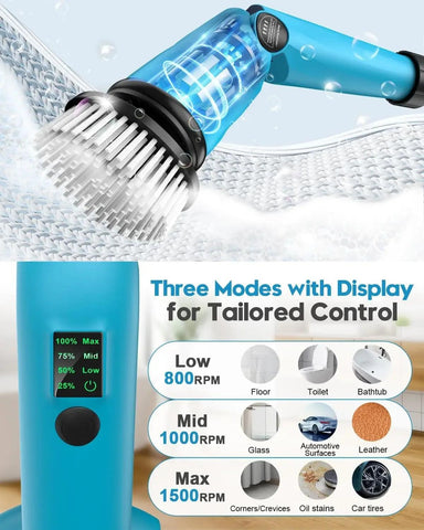 1500 RPM Battery Electric Spin Scrubber with Handle, 8 Replaceable Shower Scrubber & 2 Battery Powered Cleaning Brush wi