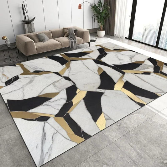 White Black Gold Pattern Area Rugs, Marble Luxury Fashion Floor Carpet for Bedroom, Non Slip Washable Office Rug for Living Room