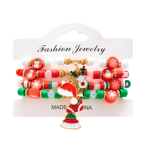 4Pc/Set Merry Christmas Tree Santa Claus Bracelet For Women Xmas Deer Crystal Polymer Clay Beads Woven Bracelet New Year Jewelry