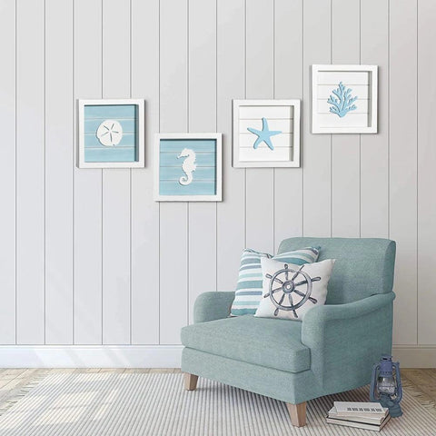 1/4pc Ocean Theme Wall Decor Rustic Beach Decor with 3D Starfish Seahorses Wooden Frame Sign Beach Bathroom Decorations For Home