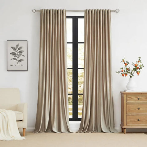 100% Full Blackout Champagne Beige Velvet Curtains 108 inch Long ,Set of 2 Liner Rod Darkening Heavy Decorative Curtains