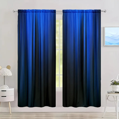 2pcs Blue/black Gradient Stripe Design Printed Curtain for Home Decor - Rod Pocket Window Treatment for Bedroom, Office, Kitchen