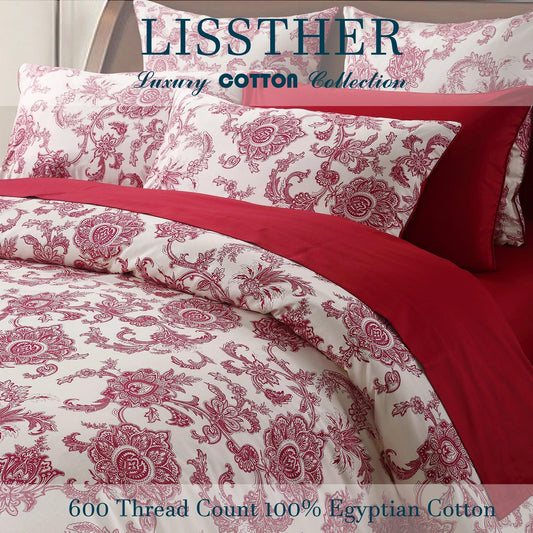 3pcs 600 TC 100% Egyptian Cotton Duvet Cover Set (Without Core), Vintage RED Floral Moire, Soft Breathable And Skin-friendly