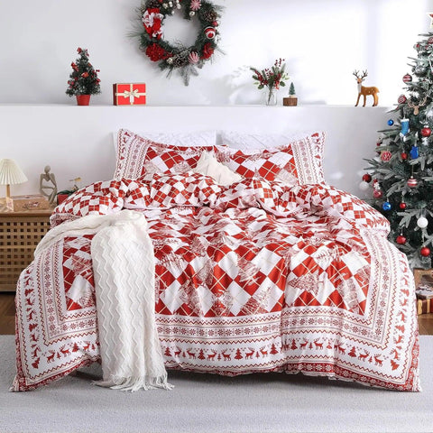 Christmas Duvet Cover Set King Size - Red Checkered Christmas Tree Printed Xmas Decorations Duvet Covers, Soft and Breathable