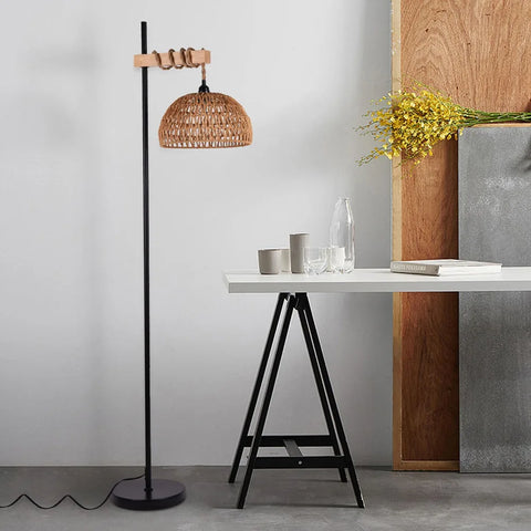 Bymaocar Smart Floor Lamp Standing Light Remote & APP Control with Rattan Lampshade and Stepless Dimmer for Living Room Office