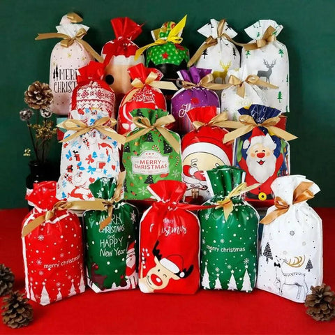 10Pcs Drawstring Christmas Gifts Bag Santa Claus New Year 2024 Large Candy Bag Cookie Packaging Bag Navidad Xmas Home Decoration