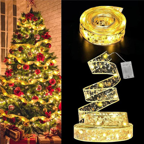 Christmas Decoration LED Ribbon Fairy Lights Christmas Tree Ornaments for Home 2024 DIY Bows Light String Navidad New Year 2025