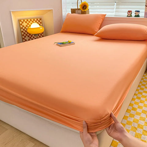 Soft Cotton Fitted Bed Sheet with Elastic Band Solid Color Mattress Cover for Single Double King Queen Bed 140/150/160/180/200