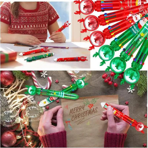 10-1PC Christmas Ballpoint Pen 10 In 1 Retractable Multicolor Xmas Santa Snowman Writing Pens for Christmas School Party Favors