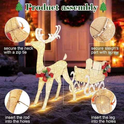 4FT Lighted Christmas Reindeer & Sleigh Outdoor Yard Decoration Set W/ 205 LED Lights & 8 Ground Stakes, Zip Ties, Art