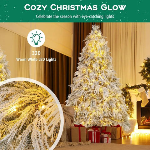 Pre-Lit Snow Flocked Christmas Tree 7 FT, Hinged Artificial Xmas Tree with Stand, 743 Branch Tips, 320 Warm White LED Lights