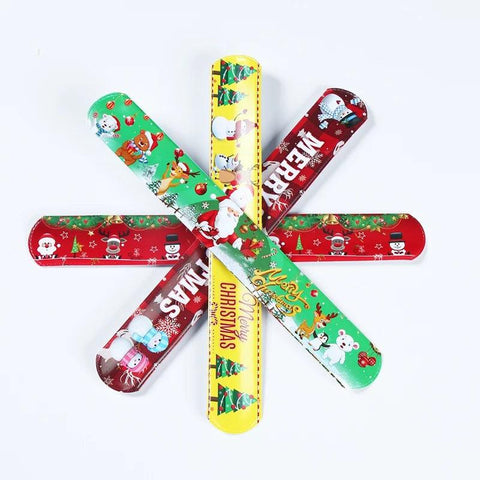 12pcs Christmas Slap Bracelets Santa Claus Snowman Elk Tree Printed Colorful PVC Wristband Child Kids Gifts Xmas Party Supplies