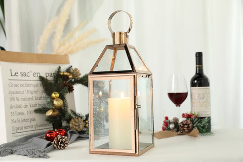 Rose Gold Stainless Steel Candle Holder Decorative Lanterns  with Tempered Glass Table Candle Stick Wedding Party Home Decor