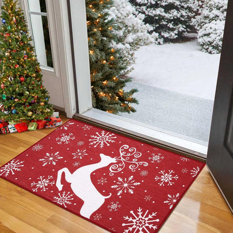 Christmas Decorative Doormat Holiday Christmas Deer Welcome Mat for Home Decoration Non Slip Backing Entrance Floor Mat