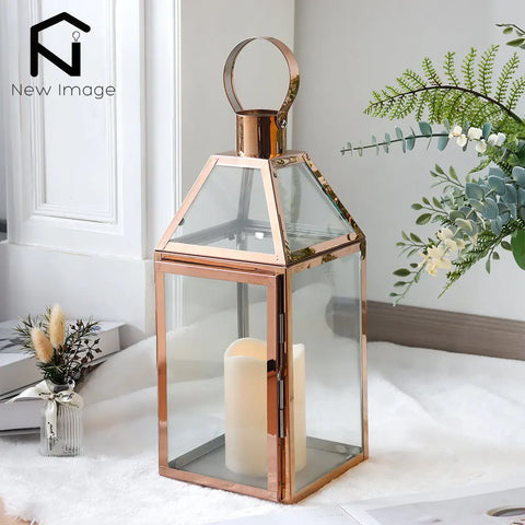 Rose Gold Stainless Steel Candle Holder Decorative Lanterns  with Tempered Glass Table Candle Stick Wedding Party Home Decor