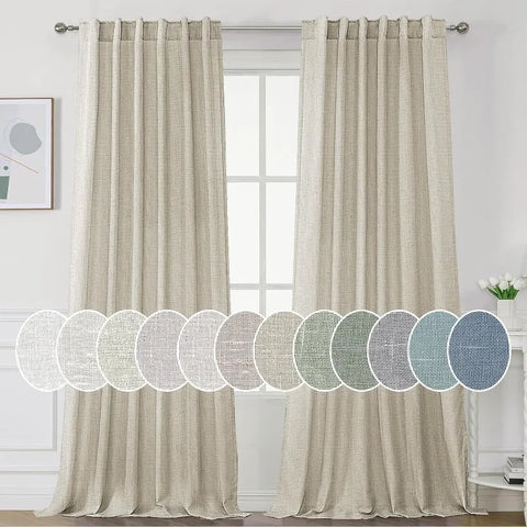 Natural Linen Curtains 108 inches Long for Living Room 2 Panels Back Tab Loop Pocket Linen Textured Light Filtering