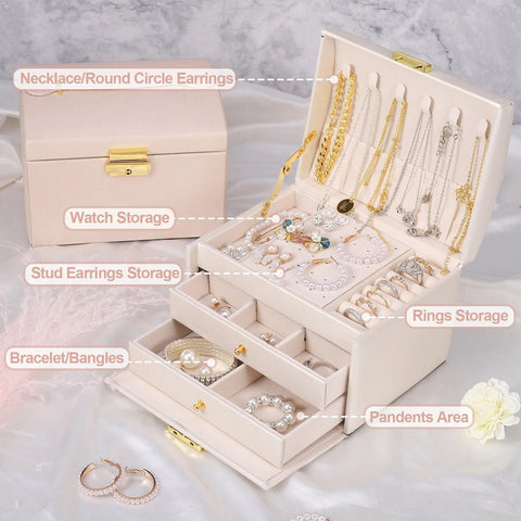 Jewelry Box 3 Layers, Jewelry Organizer with 2 Drawers, Portable Jewelry Case with Handle, Lockable Jewelry Storage