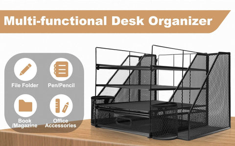 Office Desk Organizer and Accessories Large capacity Desktop 4 Tray File Organizer with Drawer and 2 Pen Holder for School Home