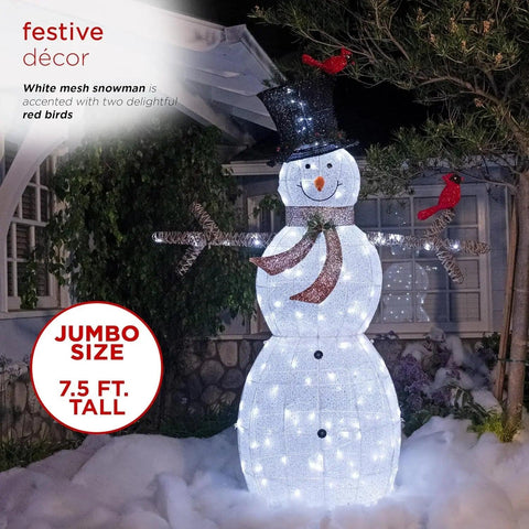 Alpine Corporation Large White Mesh Snowman Decoration with Bird Accents and LED Lights