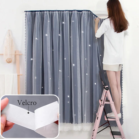 YanYangTian Star Curtain Blackout Partition Window Hanging ring for Bedroom Living room With gauze pink Simple Decor curtain