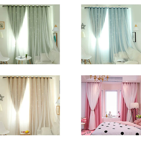 Bright Double Layer Blackout Star Hollow Curtains with Lace Tulle Fabric for Home Living Room Bedroom Window Decor