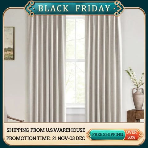 Natural Linen Pinch Pleated Blackout Curtains & Drapes 96 Inch Long Bedroom/Livingroom Farmhouse Curtains 2 Panel Sets