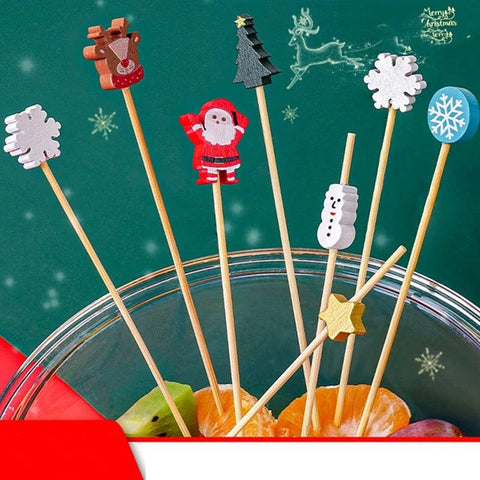 Christmas Disposable Bamboo Stick Cake Salad Fruit Food Toothpicks Christmas New Year Decor Christmas Party Decor 100PCS