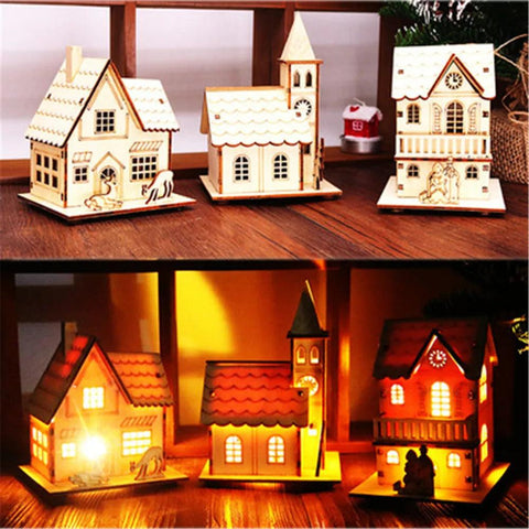 Christmas Decorations Christmas LED Light Wooden House Luminous Cabin Table Ornaments Night Lamp for Home New Year Kids Gifts